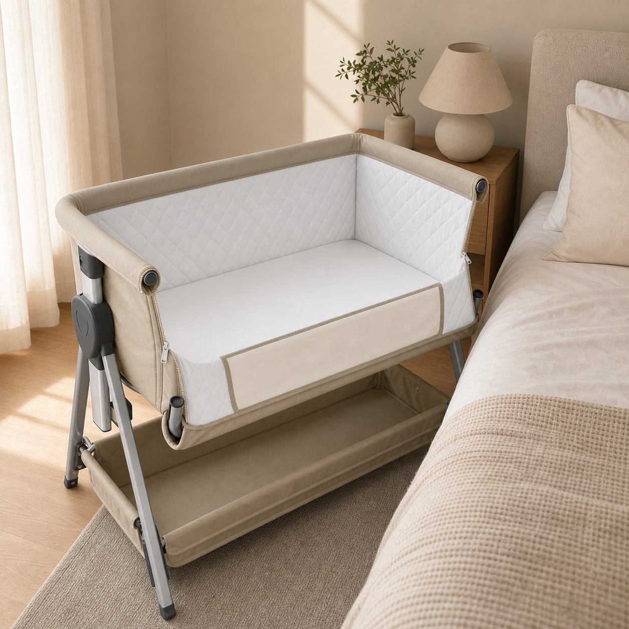 Co-sleeper bednest - babybox – taupe naast het bed