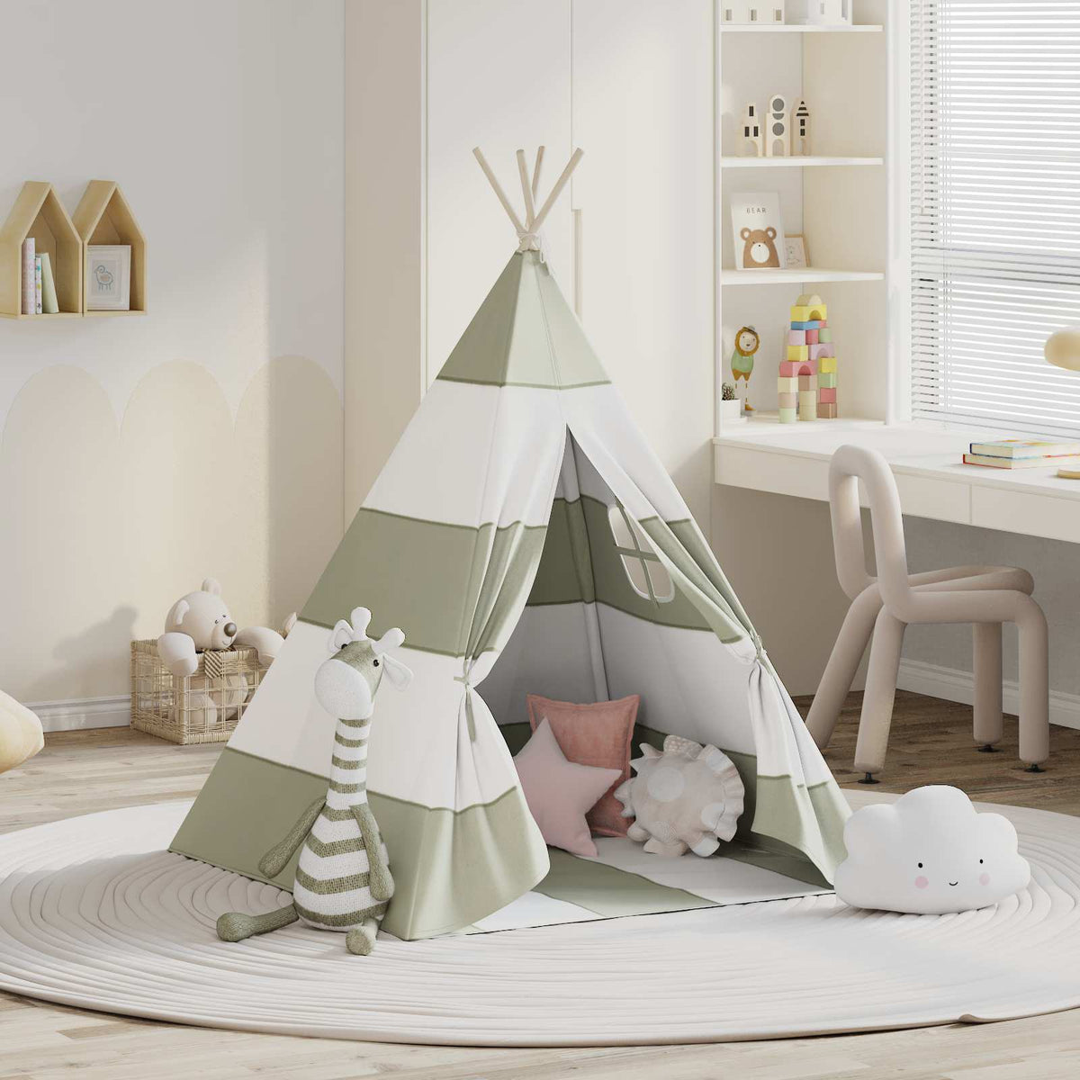 Kindertent Grijs En Wit 120 X 120 X 150 Cm Massief Grenenhout