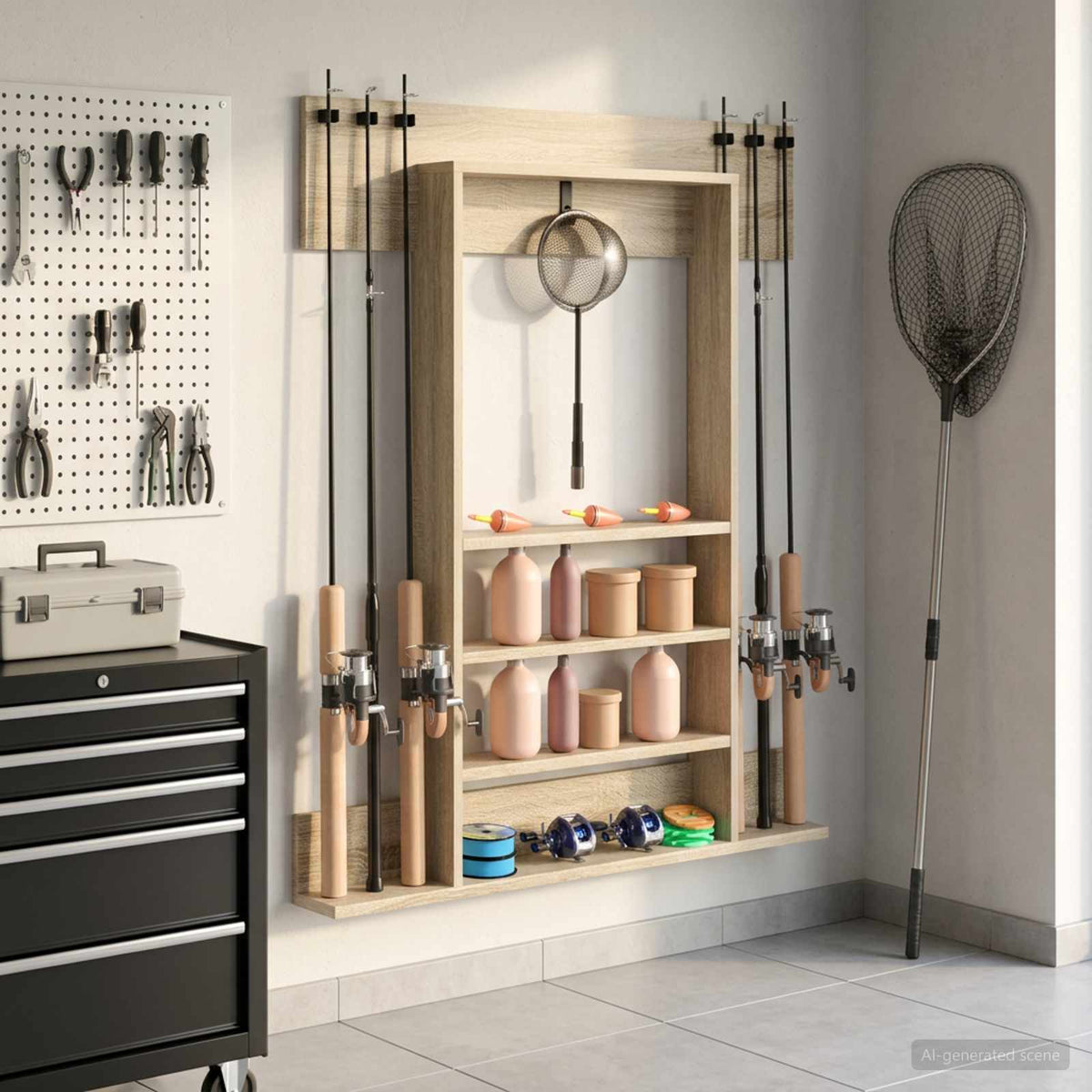 Wandgemonteerde Hengelhouder Bewerkt Hout 93 X 12 X 103 Cm