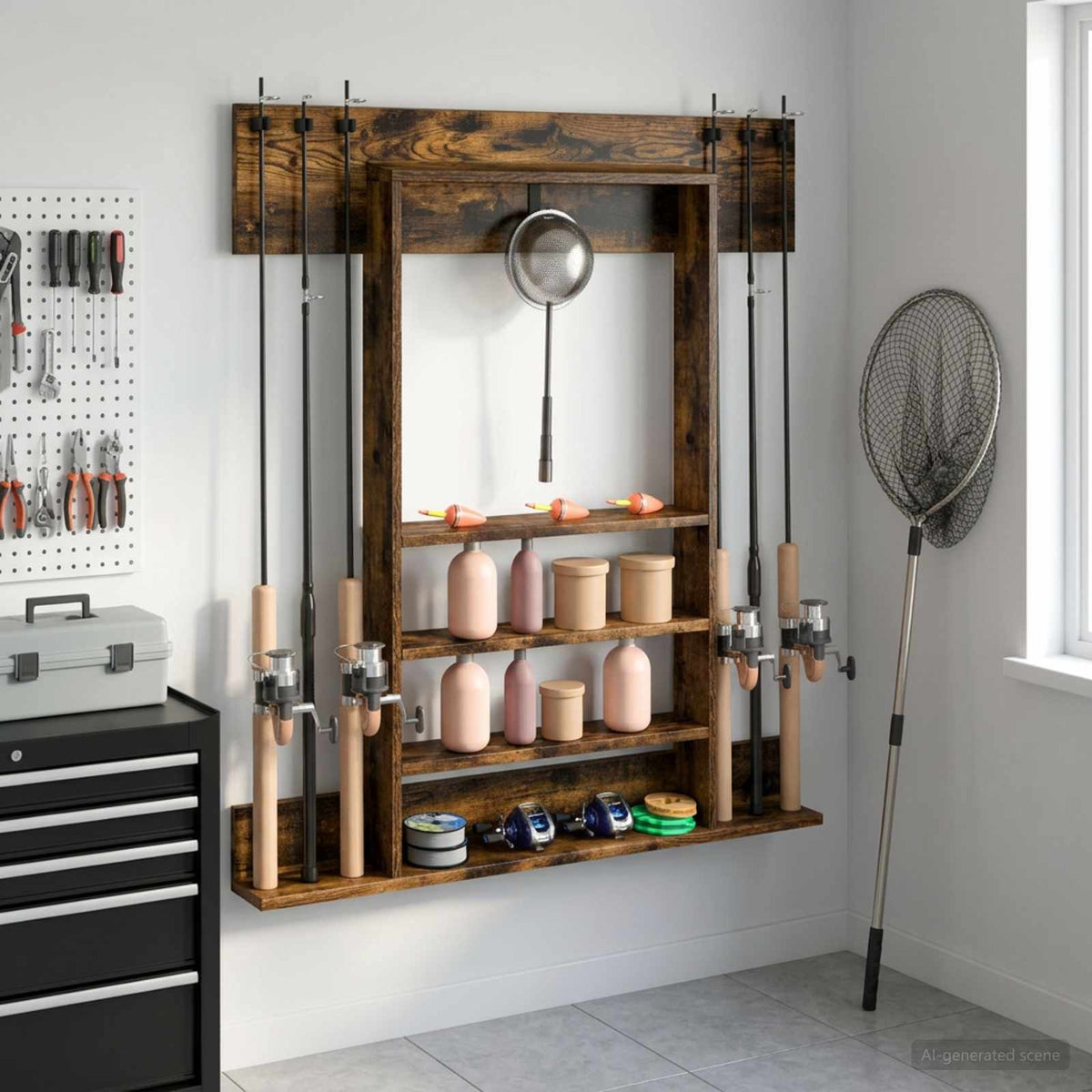 Wandgemonteerde Hengelhouder Bewerkt Hout 93 X 12 X 103 Cm