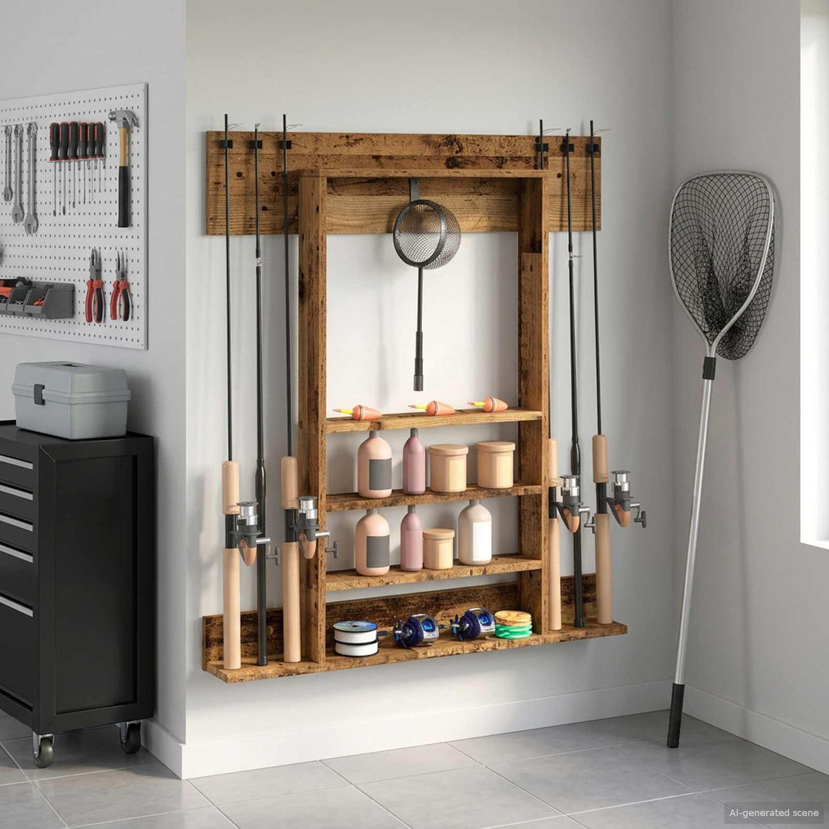 Wandgemonteerde Hengelhouder Bewerkt Hout 93 X 12 X 103 Cm