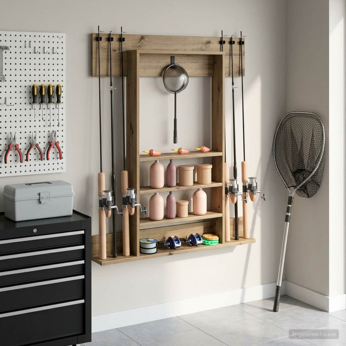 Wandgemonteerde Hengelhouder Bewerkt Hout 93 X 12 X 103 Cm