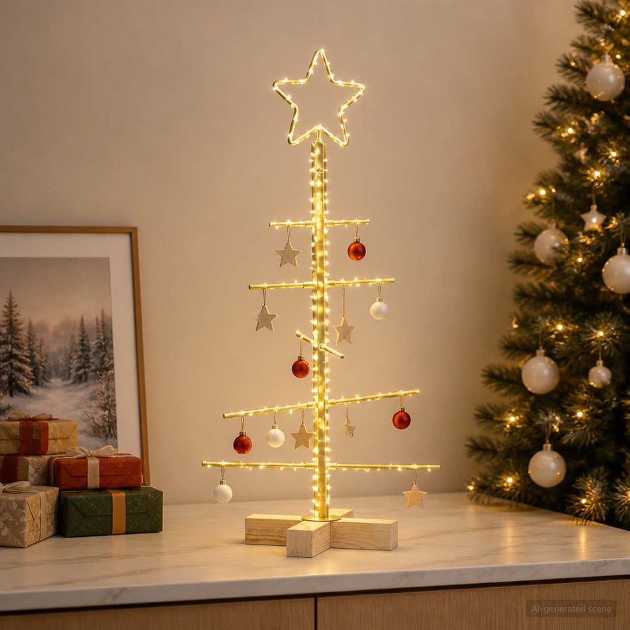 Kerstdecoratie Kerstboom Met Houten Basis Metaal — 60 cm / Goud / zonder LED