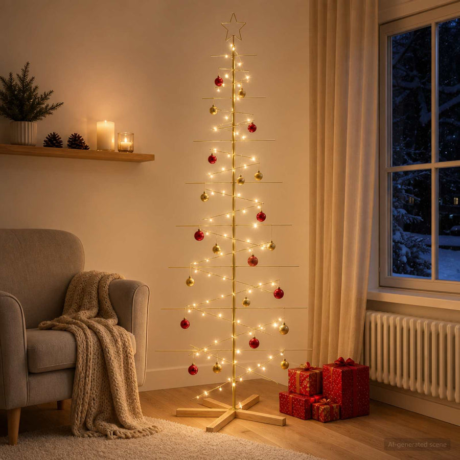 Kerstdecoratie Kerstboom Met Houten Basis Metaal — 210 cm / Goud / zonder LED