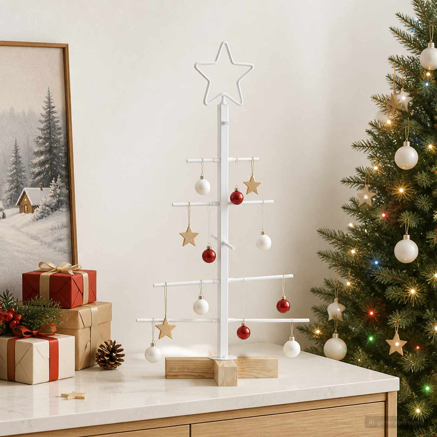Kerstdecoratie Kerstboom Met Houten Basis Metaal — 60 cm / Wit / zonder LED