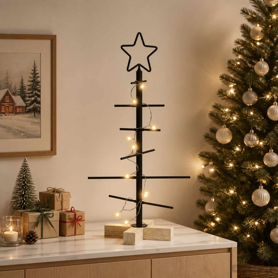 Kerstdecoratie Kerstboom Met Houten Basis Metaal — 60 cm / Zwart / met LED