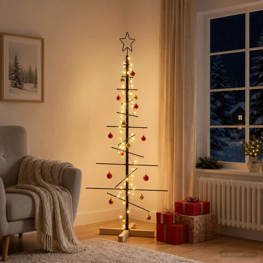 Kerstdecoratie Kerstboom Met Houten Basis Metaal — 120 cm / Zwart / met LED
