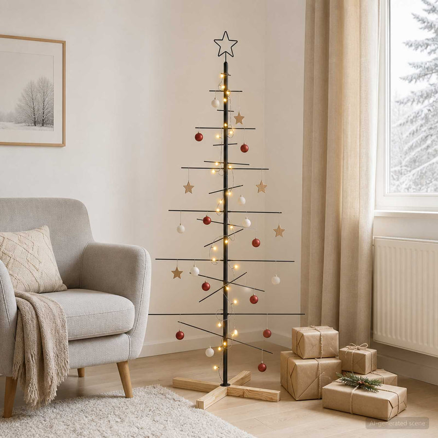 Kerstdecoratie Kerstboom Met Houten Basis Metaal — 150 cm / Zwart / met LED