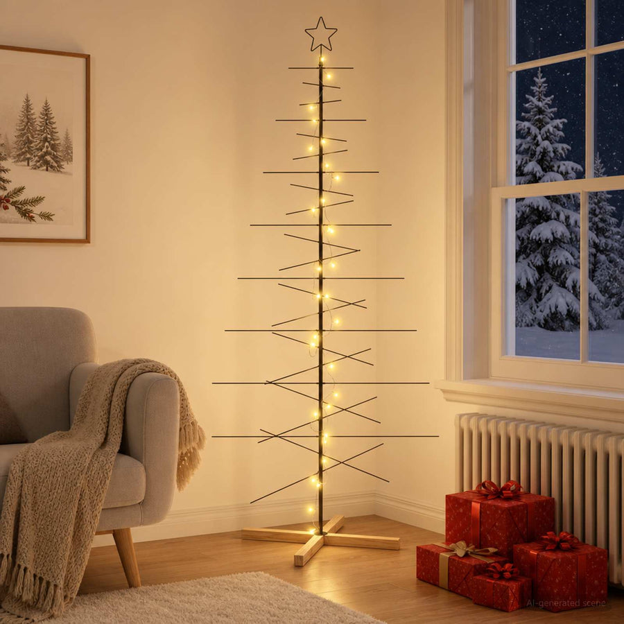 Kerstdecoratie Kerstboom Met Houten Basis Metaal — 210 cm / Zwart / met LED