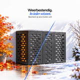 Weerbestendig, in ieder seizoen — zwarte airco ombouw in regen en sneeuw