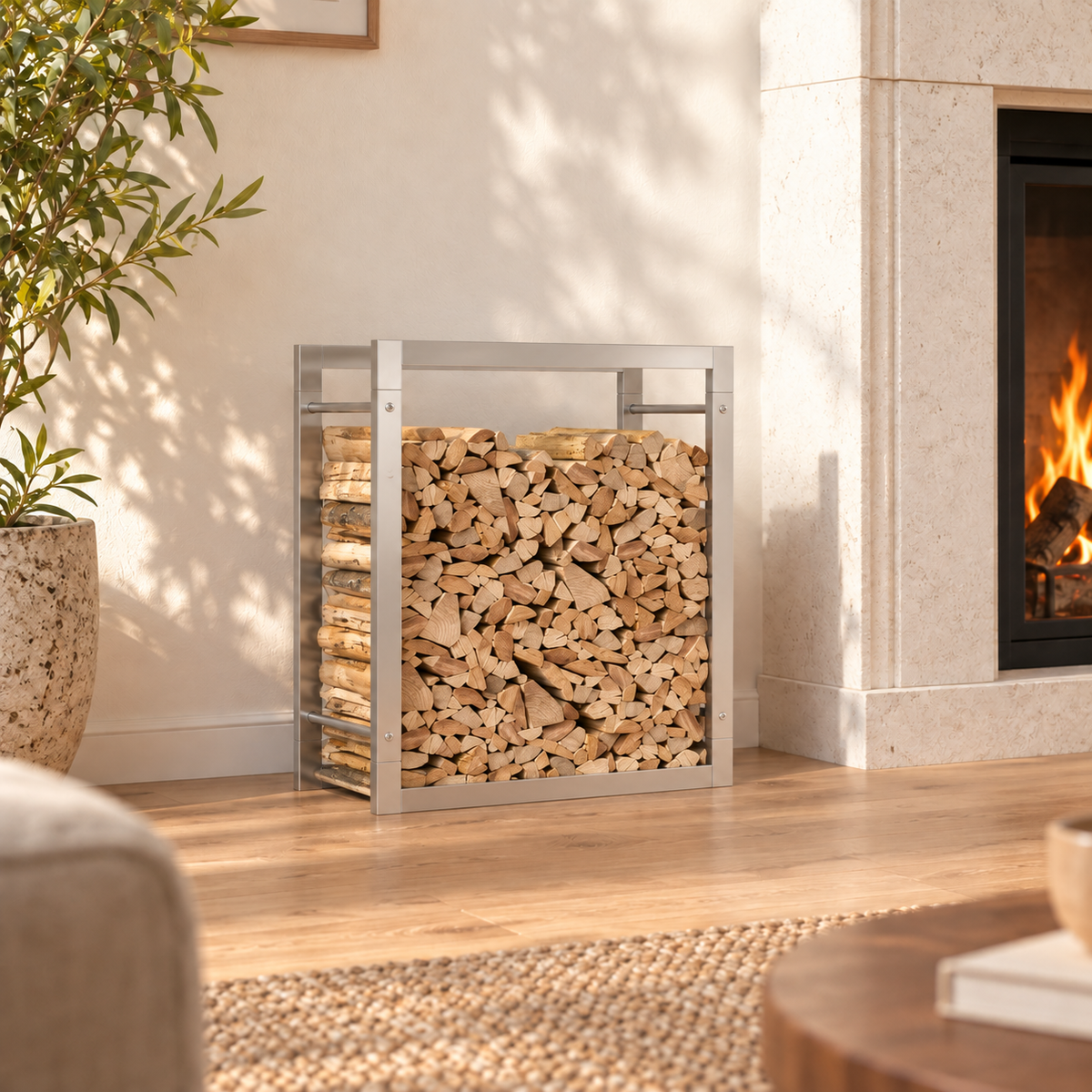 Haardhoutrek staal mat – 80 x 28 x 86 cm / Zilver