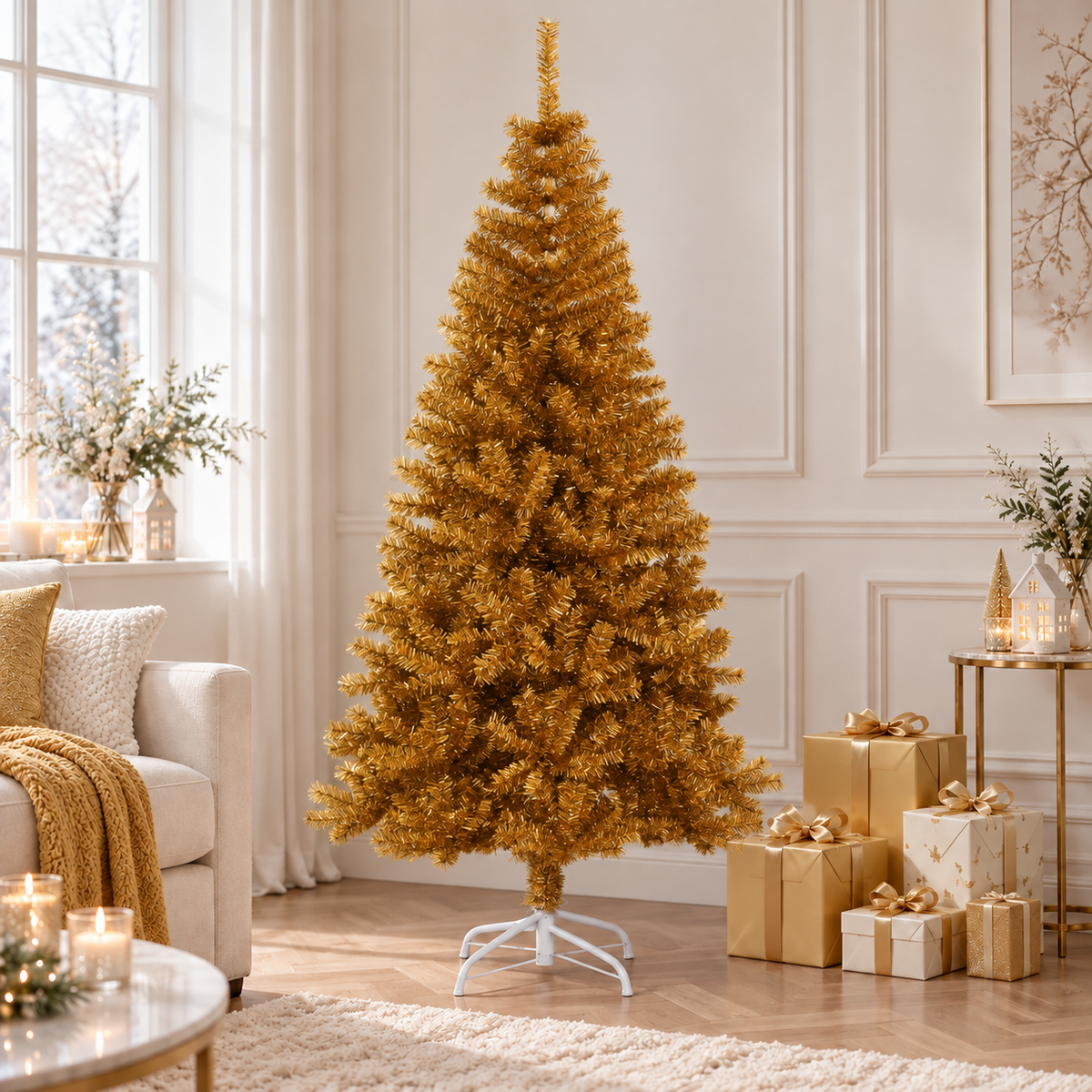 Kunstkerstboom met standaard 180 x 90 cm — Goud in een sfeervolle woonkamer