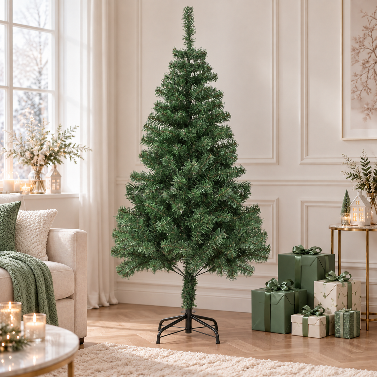 Kunstkerstboom met standaard 180 x 90 cm — Groen in een sfeervolle woonkamer