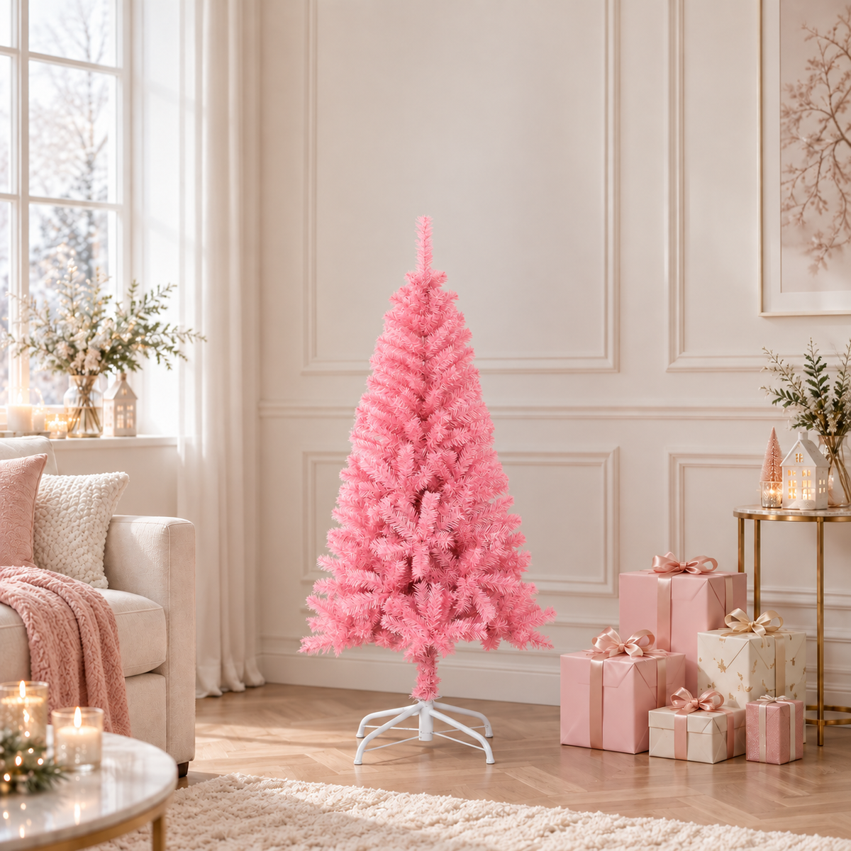 Kunstkerstboom met standaard 120 x 65 cm — Roze in een sfeervolle woonkamer