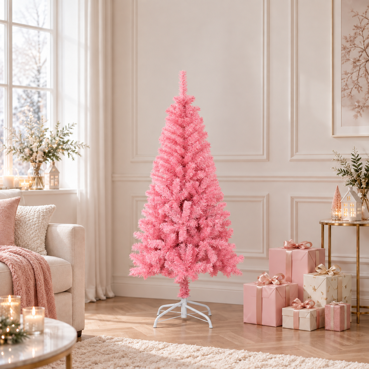 Kunstkerstboom met standaard 150 x 80 cm — Roze in een sfeervolle woonkamer