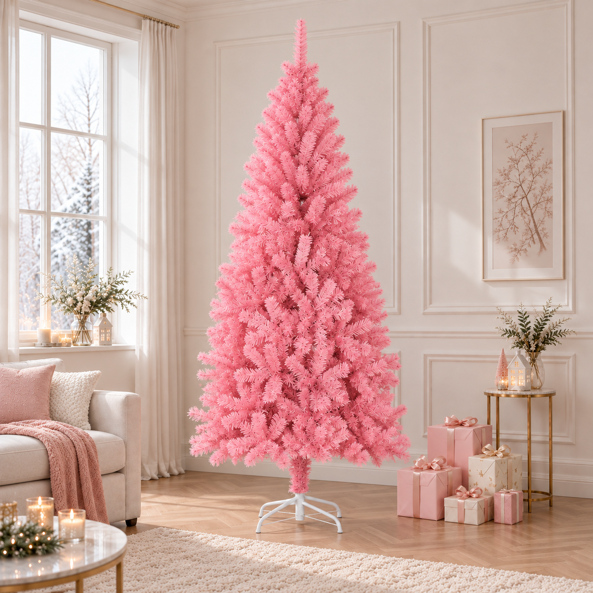 Kunstkerstboom met standaard 210 x 110 cm — Roze in een sfeervolle woonkamer