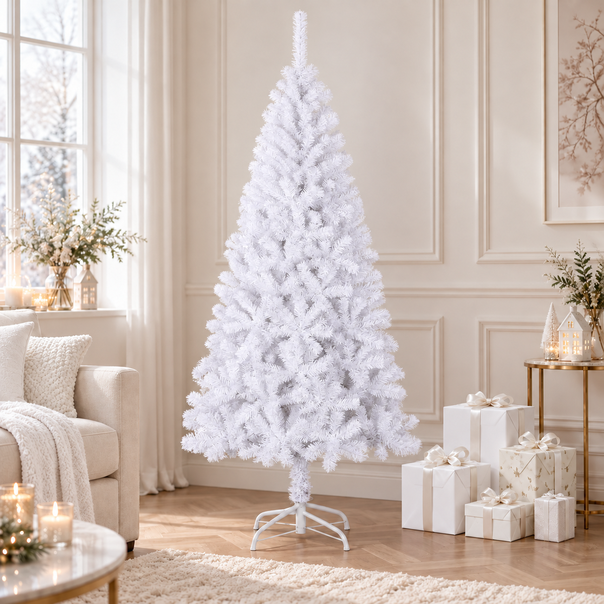 Kunstkerstboom met standaard 180 x 90 cm — Wit in een sfeervolle woonkamer