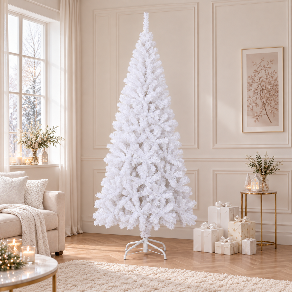 Kunstkerstboom met standaard 210 x 110 cm — Wit in een sfeervolle woonkamer