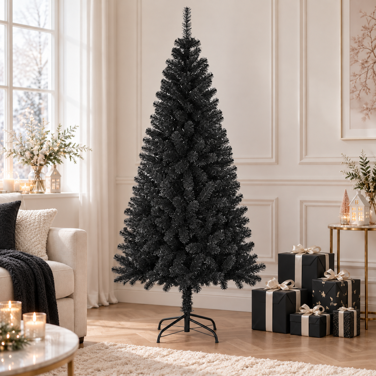 Kunstkerstboom met standaard 180 x 90 cm — Zwart in een sfeervolle woonkamer