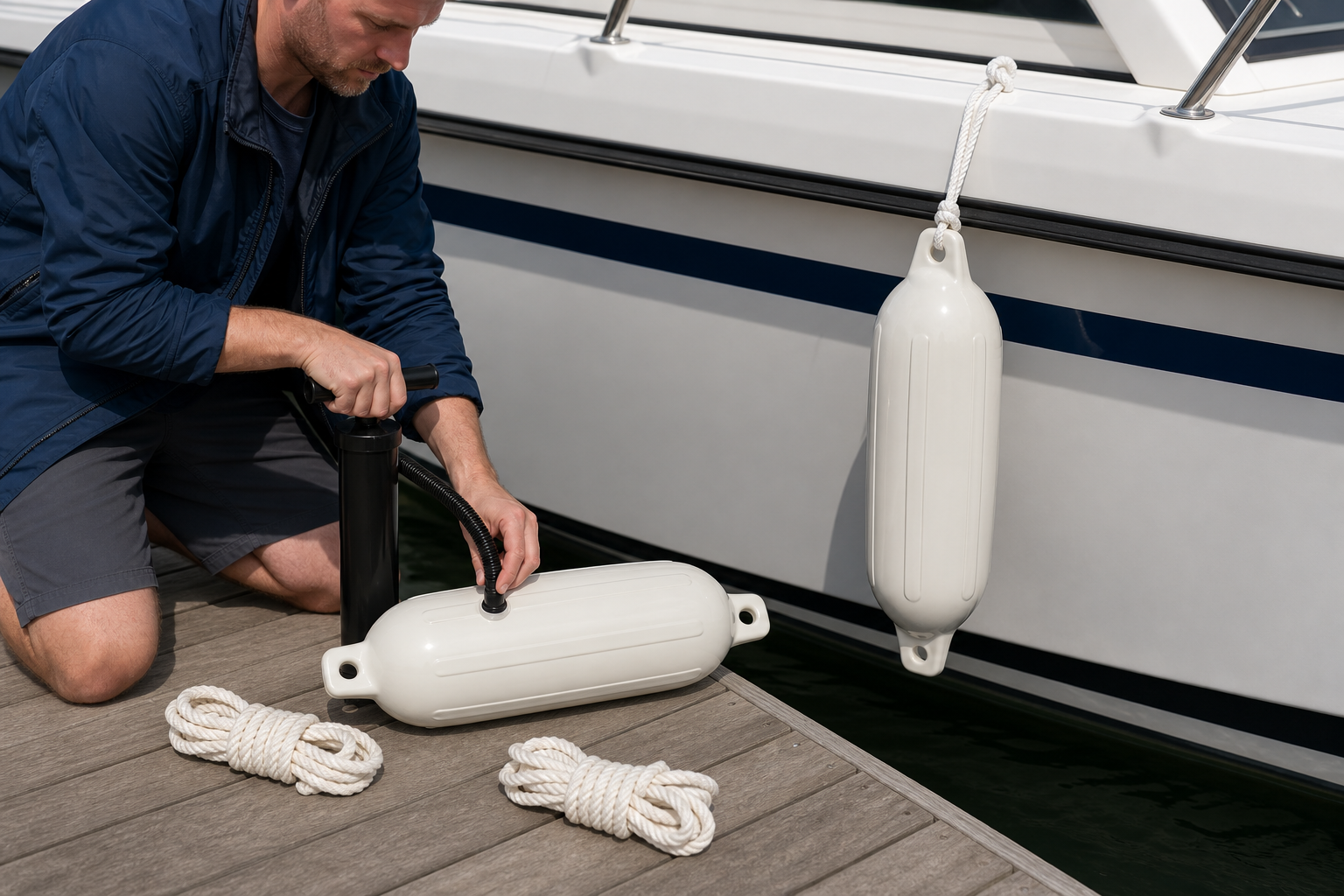 stootwillen zwart: praktische toepassing van Bootfenders met touw en pomp – set van 2