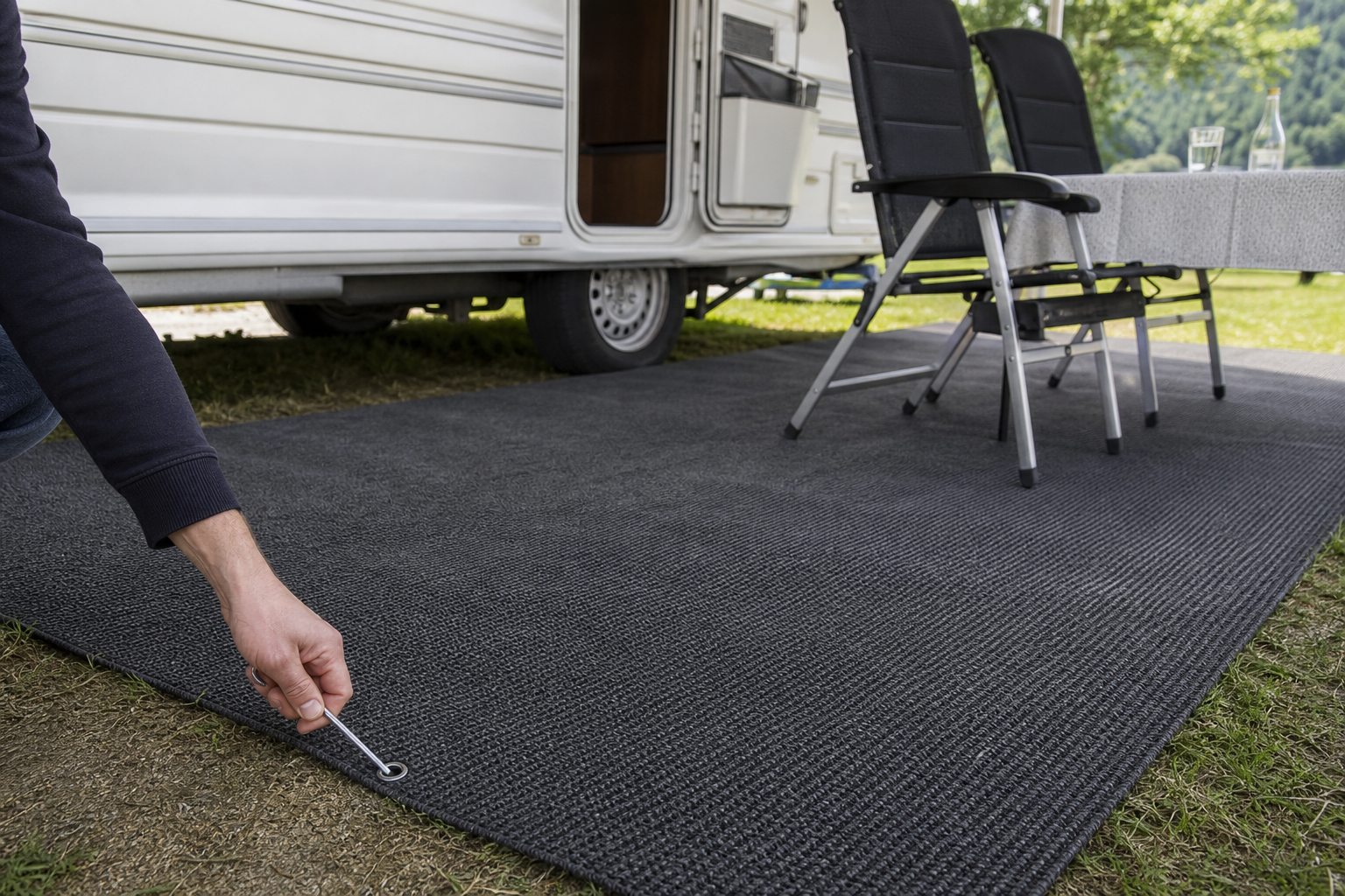 tent tapijt voortent vastzetten via een hoekoog