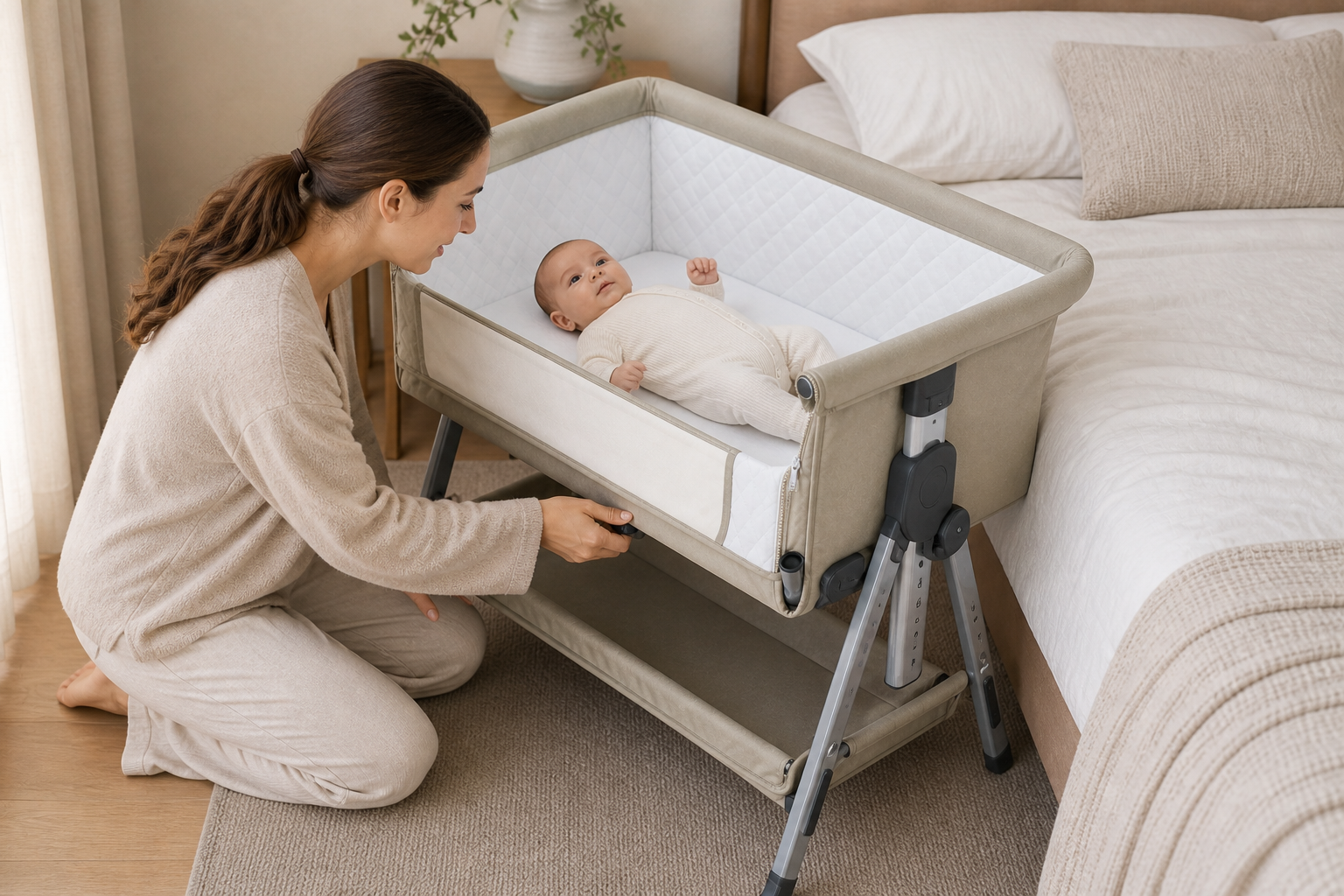 hoeslaken co-sleeper: praktische toepassing van Co-sleeper met matras en 6 verstelbare hoogtes