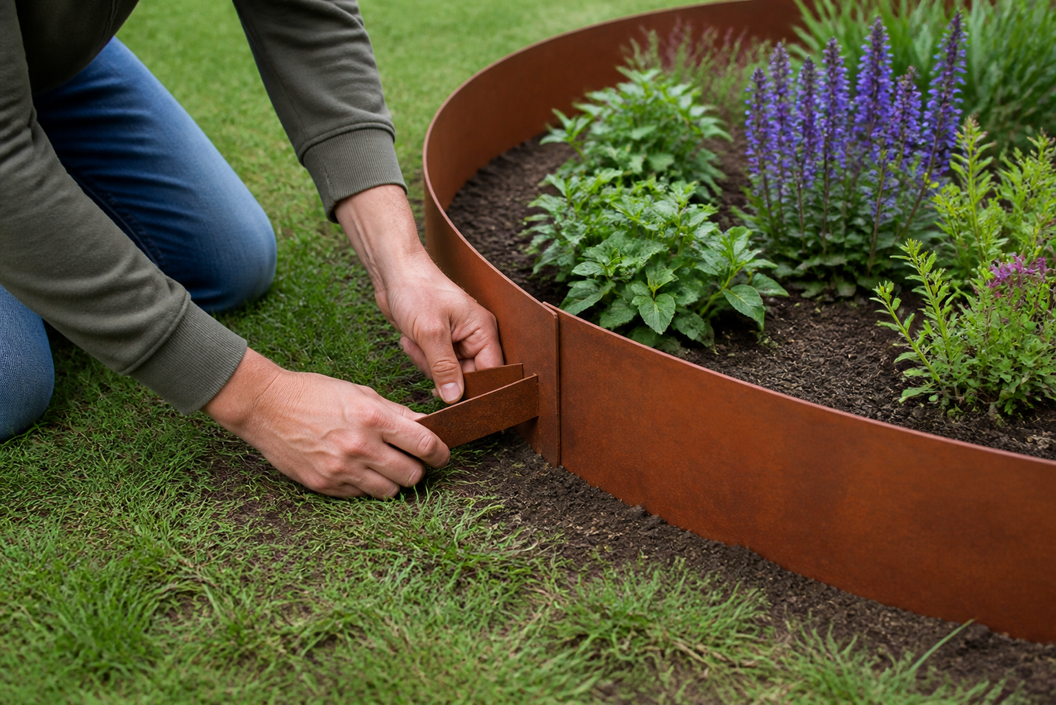 cortenstaal borderrand praxis: praktische toepassing van Borderrand cortenstaal – flexibele tuinrand van 450 cm