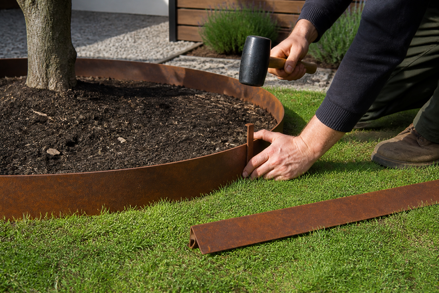 borderrand 40 cm hoog: praktische toepassing van Borderrand cortenstaal – flexibele tuinrand van 450 cm