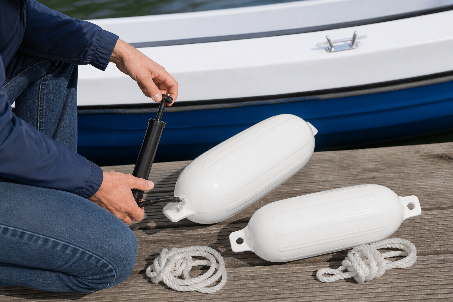 stootwillen oppompen: praktische toepassing van Bootfenders met touw en pomp – set van 2