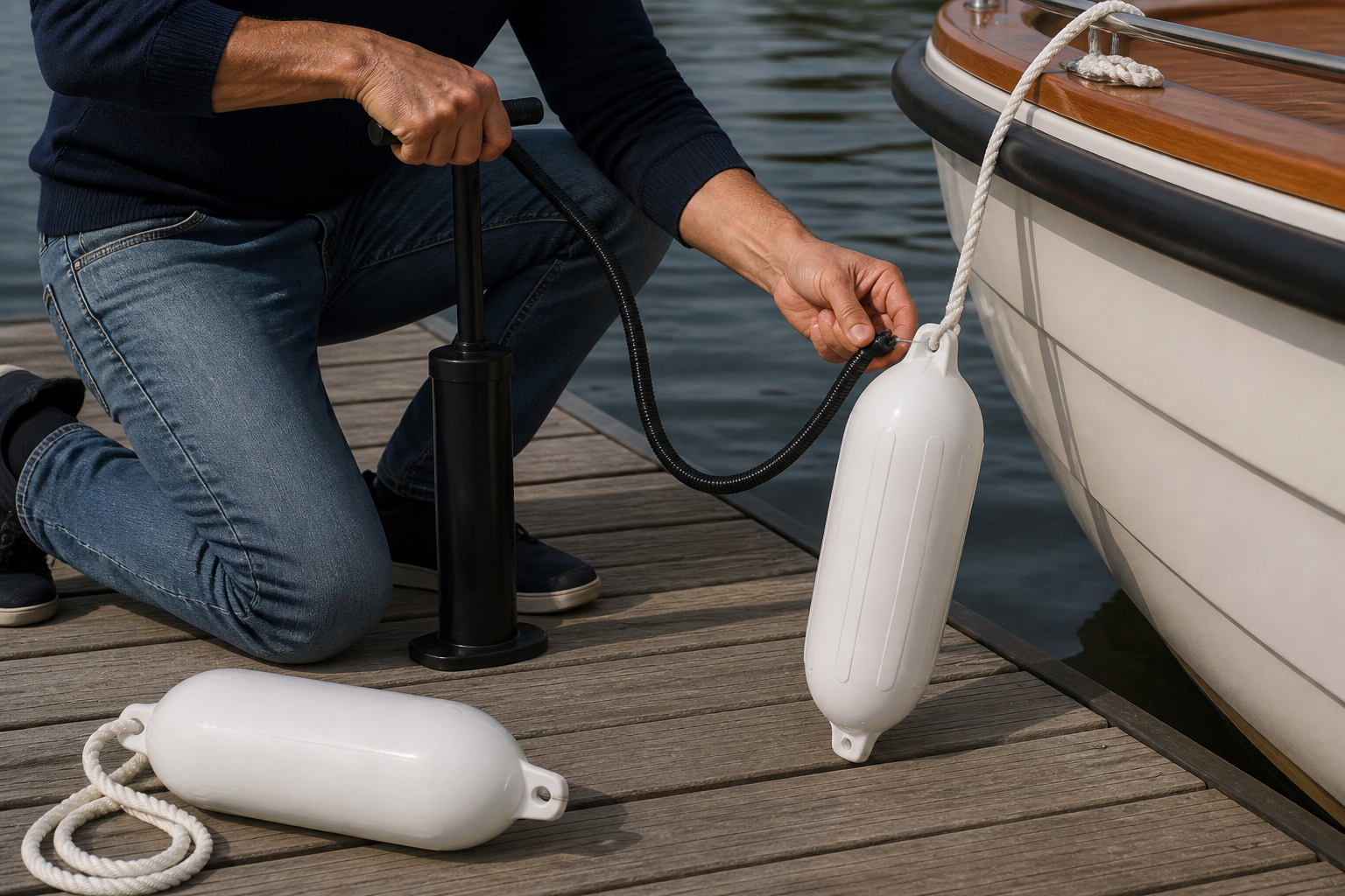 stootwillen vastmaken: praktische toepassing van Bootfenders met touw en pomp – set van 2
