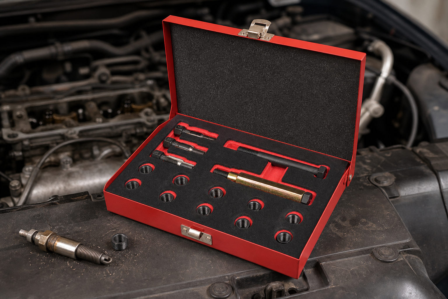 schroefdraad repareren: praktische toepassing van Gloeibougie draad reparatie set M10 (15-delig)