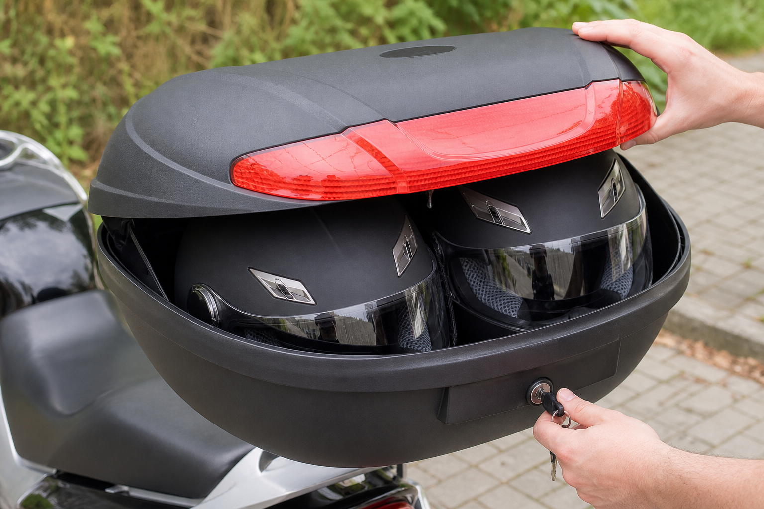 passen twee helmen in een topkoffer van 72 liter: praktische toepassing van Motor topkoffer 72 liter voor 2 helmen