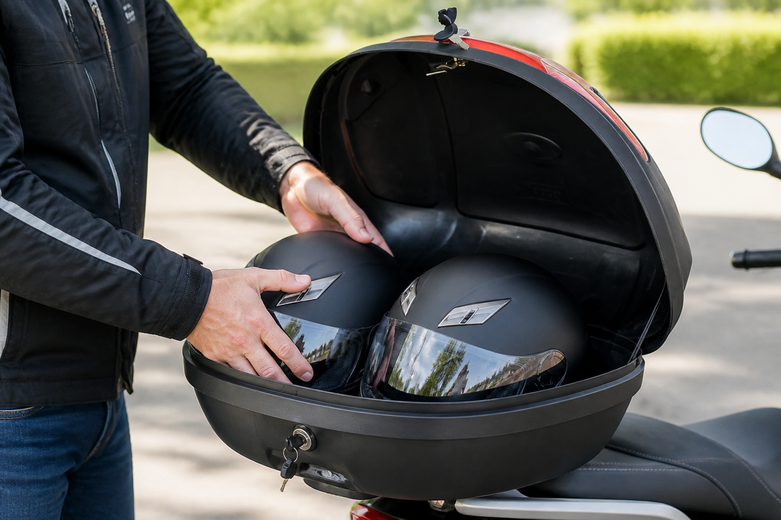 topkoffer scooter 2 helmen: praktische toepassing van Motor topkoffer 72 liter voor 2 helmen