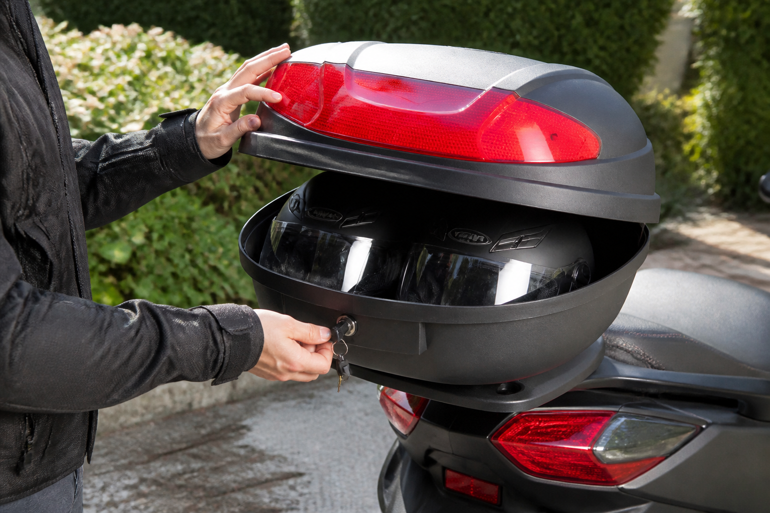 opstappen motor met topkoffer: praktische toepassing van Motor topkoffer 72 liter voor 2 helmen