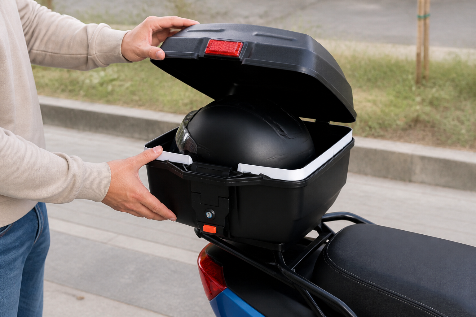 kleine topkoffer voor scooter: praktische toepassing van Motor topkoffer 24 liter voor 1 helm