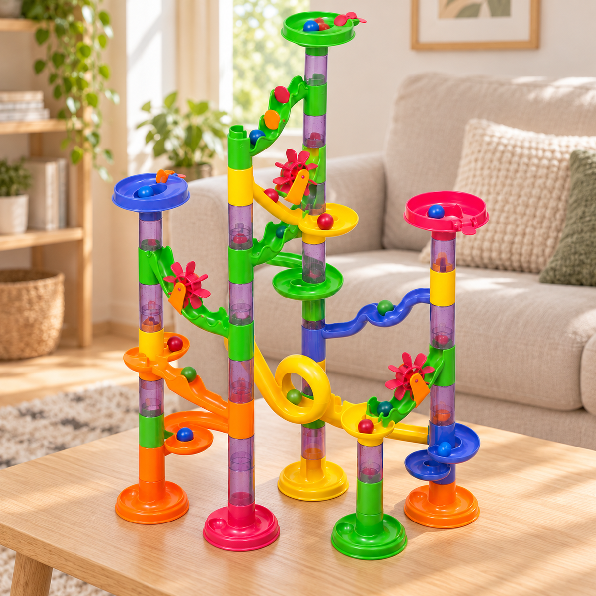 Kleurrijke knikkerbaan voor kinderen op een speeltafel in de woonkamer