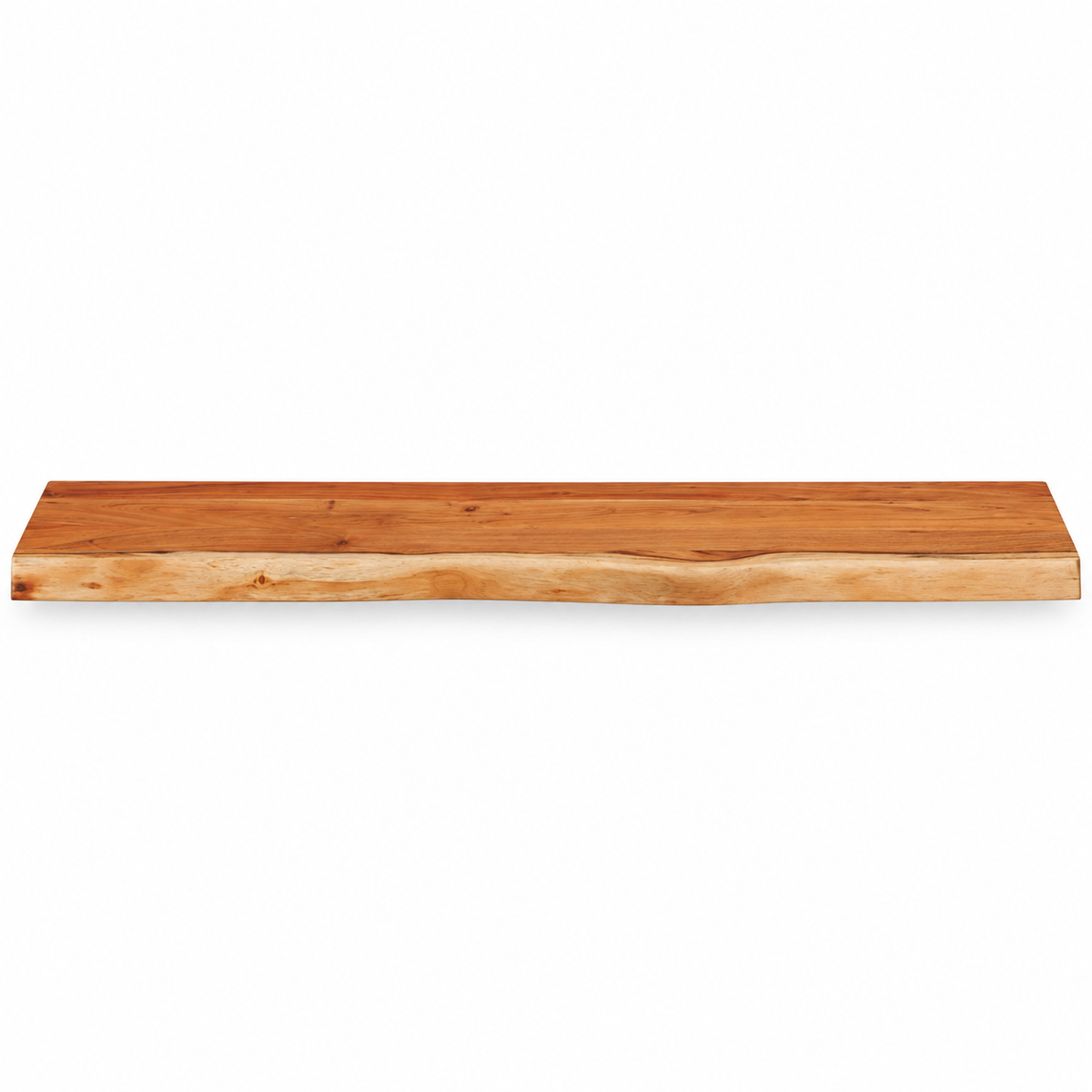 Wandplank van naturel massief acaciahout met natuurlijke rand – vooraanzicht op witte achtergrond