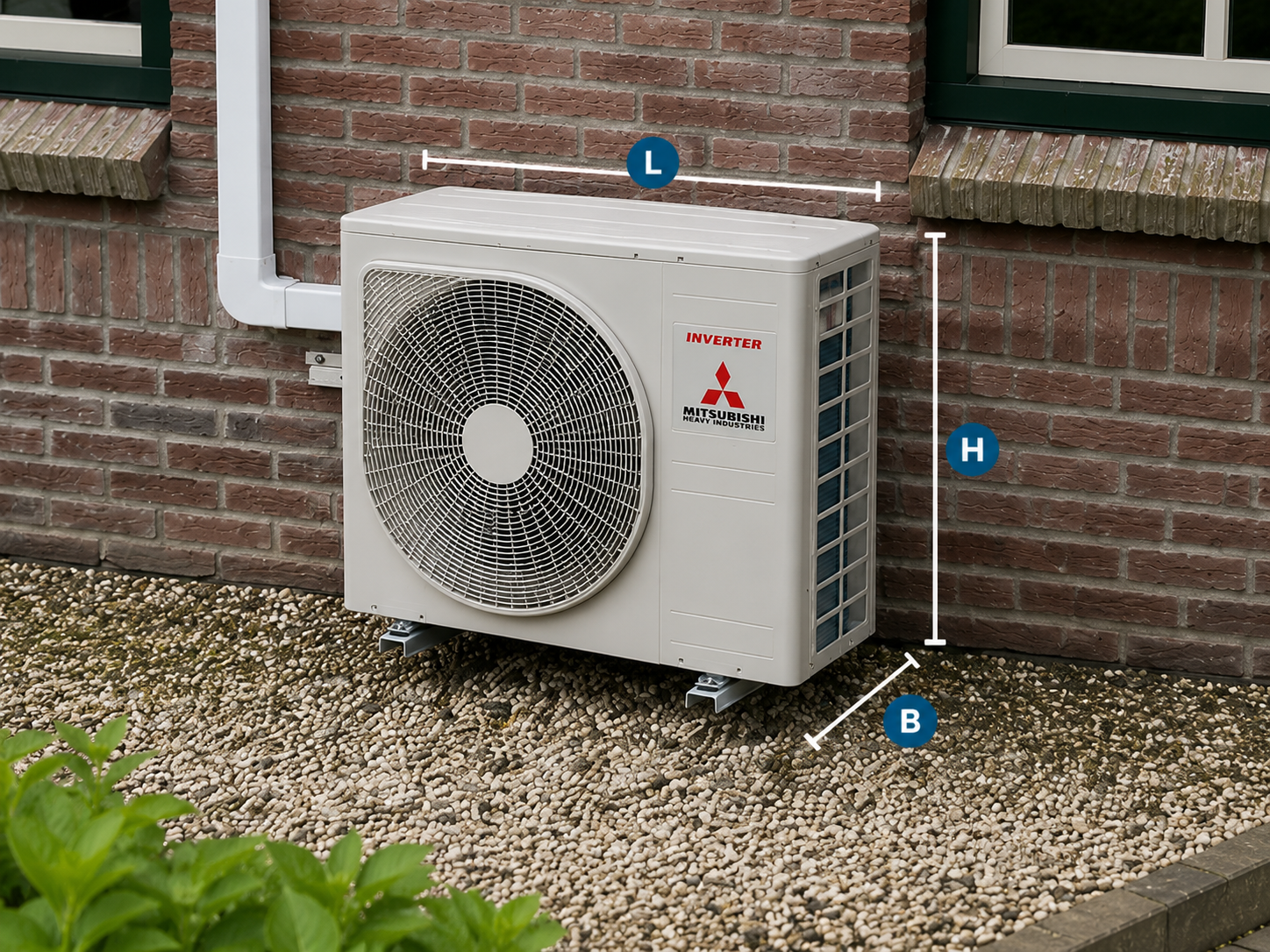 Airco buitenunit met aanduiding van lengte, hoogte en breedte