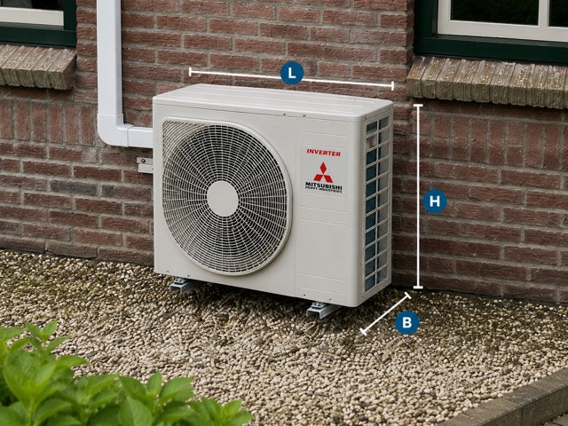 Airco buitenunit met aanduiding van lengte, hoogte en breedte