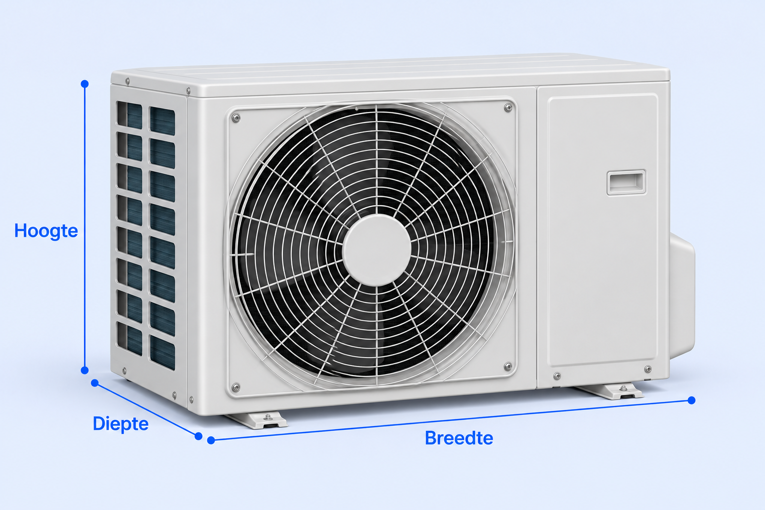 Airco buitenunit met maatlijnen voor breedte, diepte en hoogte